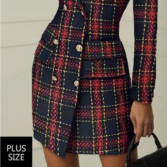 Plaid Women's Blazer Dress - Red and Navy - Picture 8 of 10